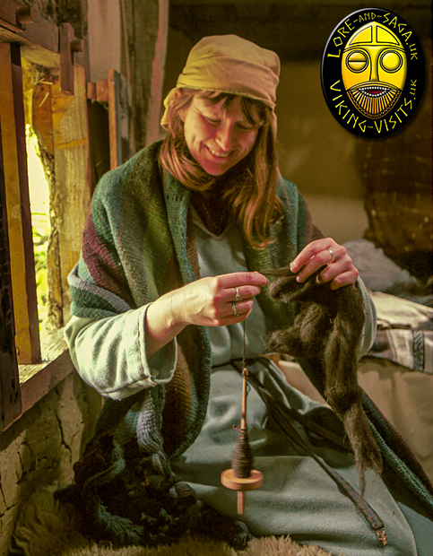 Debs spinning wool in the Grubenhouse at Danelaw Viking  - Image copyrighted  Gary Waidson. All rights reserved.