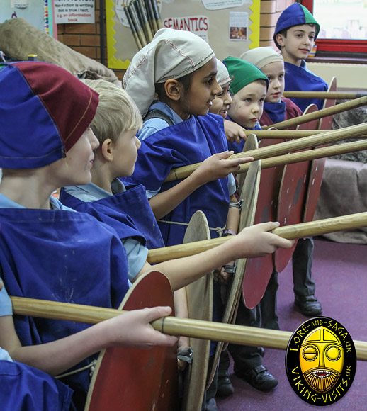 Pupils learning how to make a Shield Wall - Part of an in school Viking activity day by Lore and Saga. - Image copyrighted  Gary Waidson. All rights reserved.